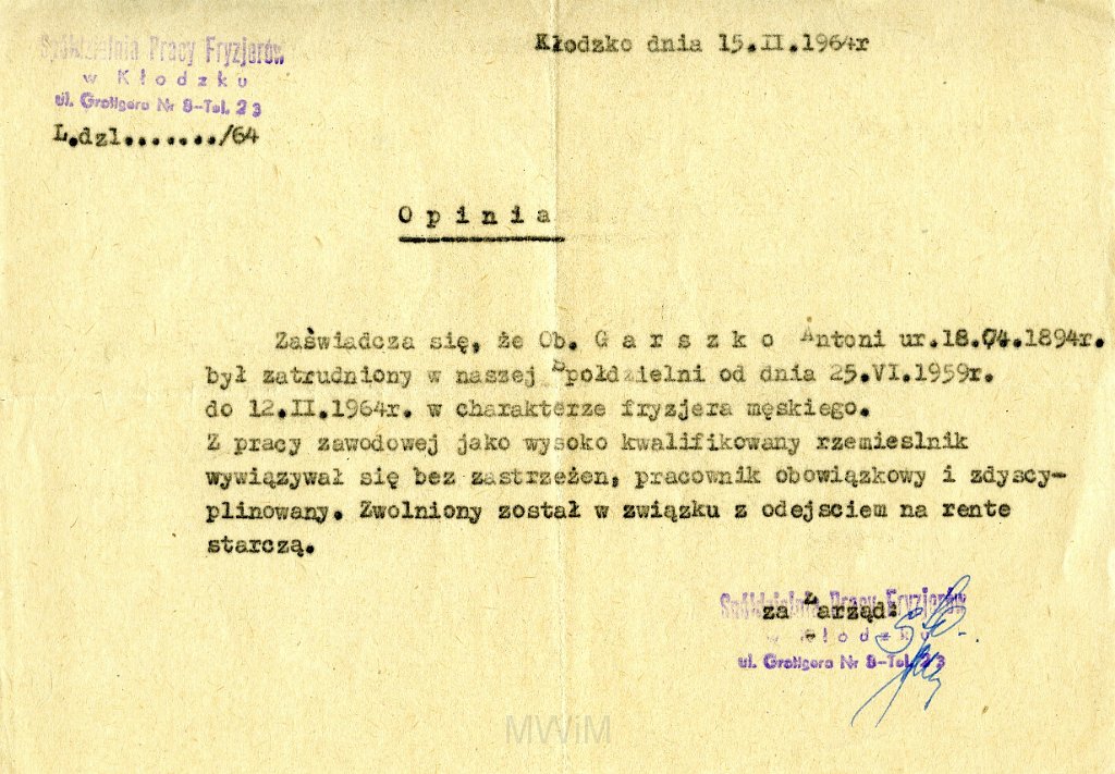 KKE 5821.jpg - Dok. Zaświadczenie o zatrudnieniu Antoniego Graszko w Spółdzieli Pracy Fryzjerów, Kłodzko, 15 II 1964 r.